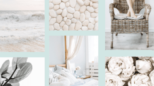 collage of sea, pebbles ,chair, bed, leaves, and white flowers images