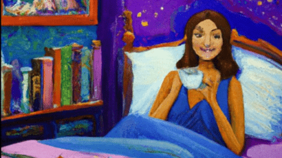 Painting of a girl having coffee in her bed