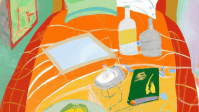 The painting of a bed with bottles, journal and food on it