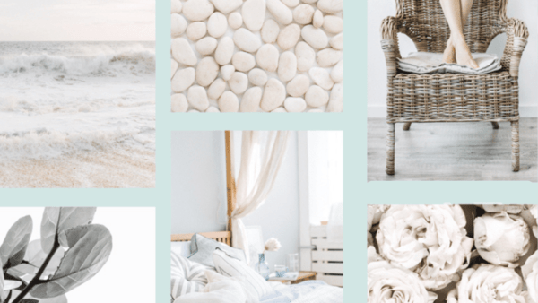 Collage of images of sea, pebbles, chair, leaves, bed and white flowers